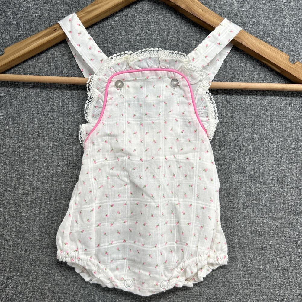 Vintage Cute Togs Baby Girl White Pink Floral Ruffle Bloomer Sunsuit Romper